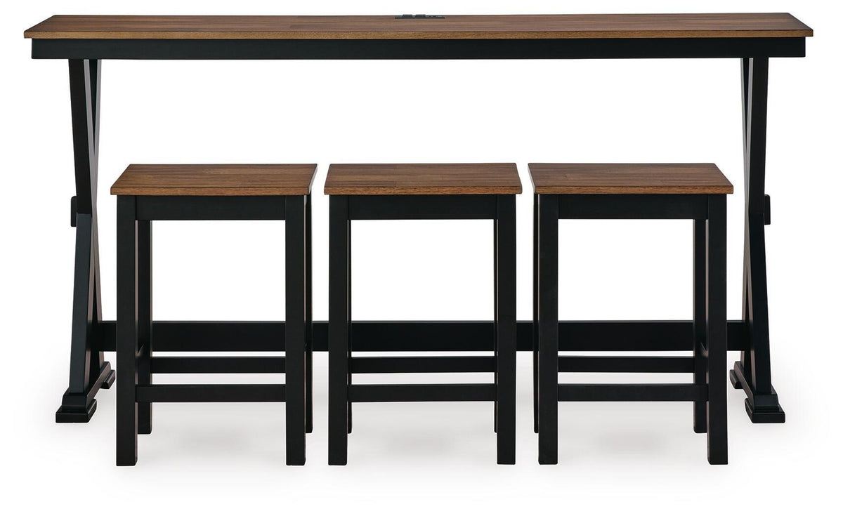 Rectangular dining counter table with three brown stools and black metal legs