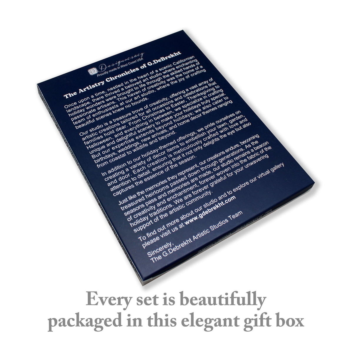Elegant gift box showing product text and statement on navy cardboard