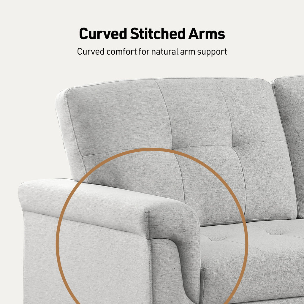 Reversible sleeper sectional sofa with storage chaise, light gray curved stitched arms
