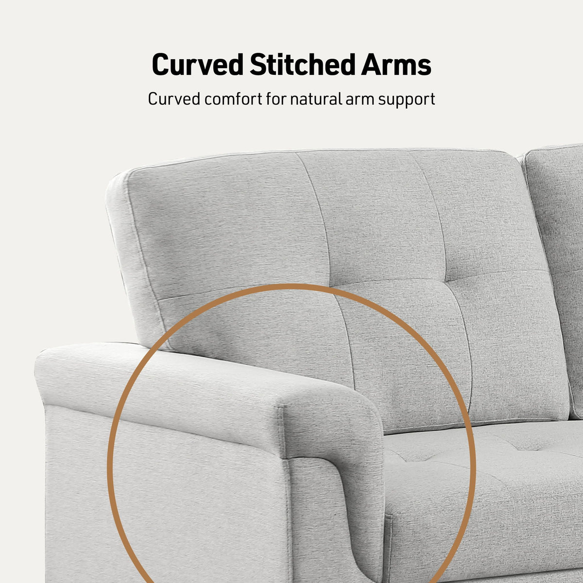 Reversible sleeper sectional sofa with storage chaise, light gray curved stitched arms
