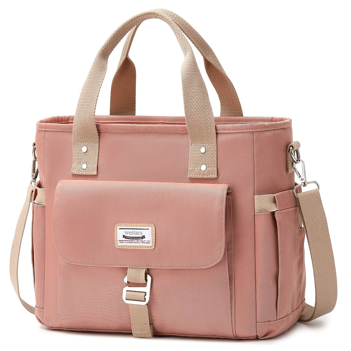 Pink insulated lunch tote bag with front flap pocket, top handles, and adjustable shoulder strap