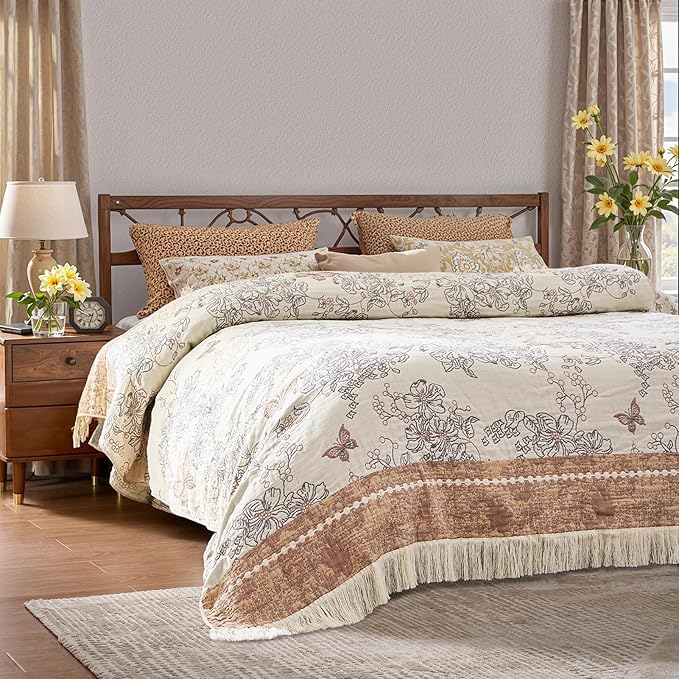 Taupe and white floral cotton throw blanket with fringe trim