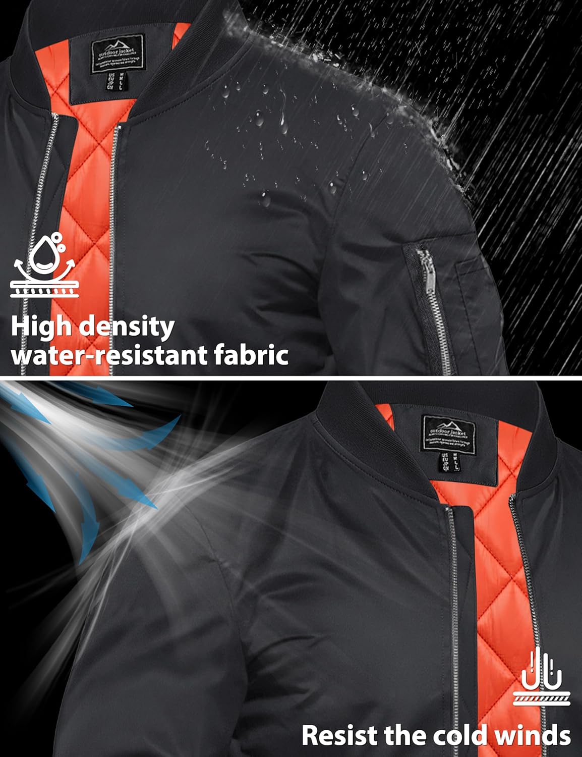 Men's black bomber jacket with orange quilted lining, ribbed collar, full-zip front, side zip pocket