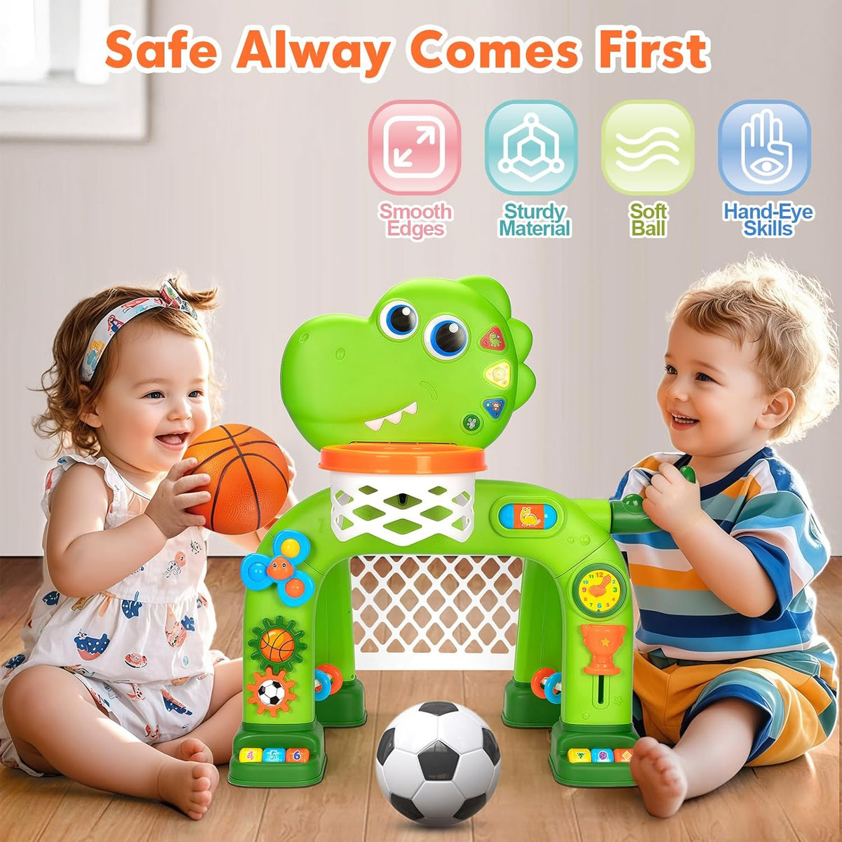 Green dinosaur basketball hoop with orange ball launcher, soccer goal, and large abacus