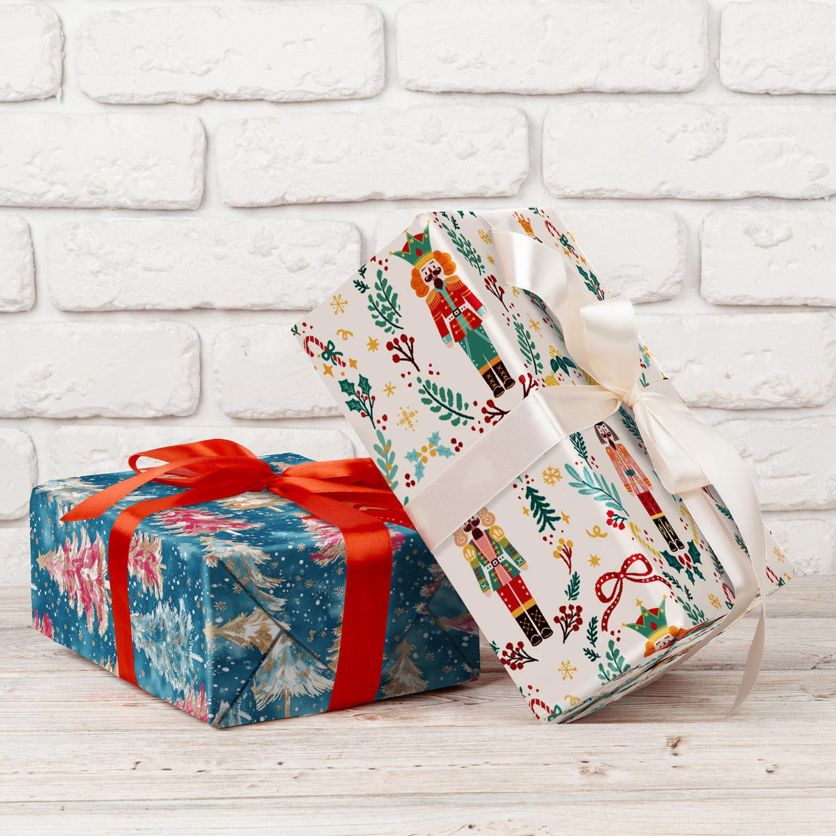 Nutcracker wrapping paper wrapped gift with toy soldier pattern and white ribbon tie.