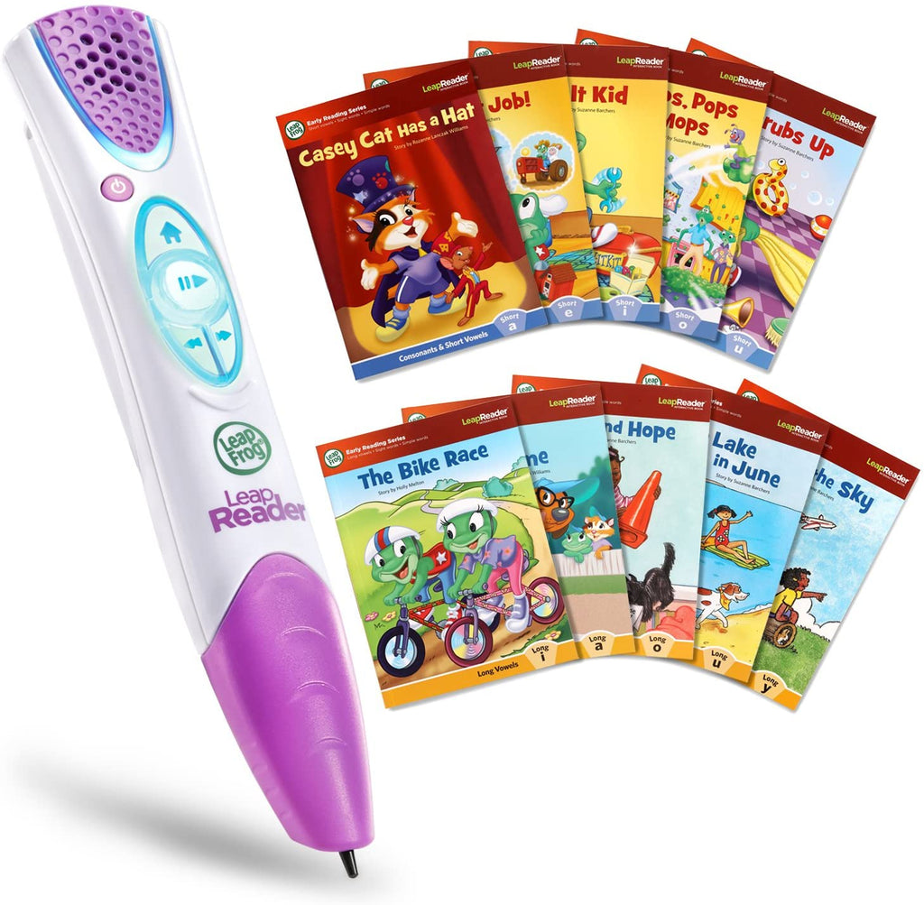 Purple and white interactive reading pen with multiple story book covers