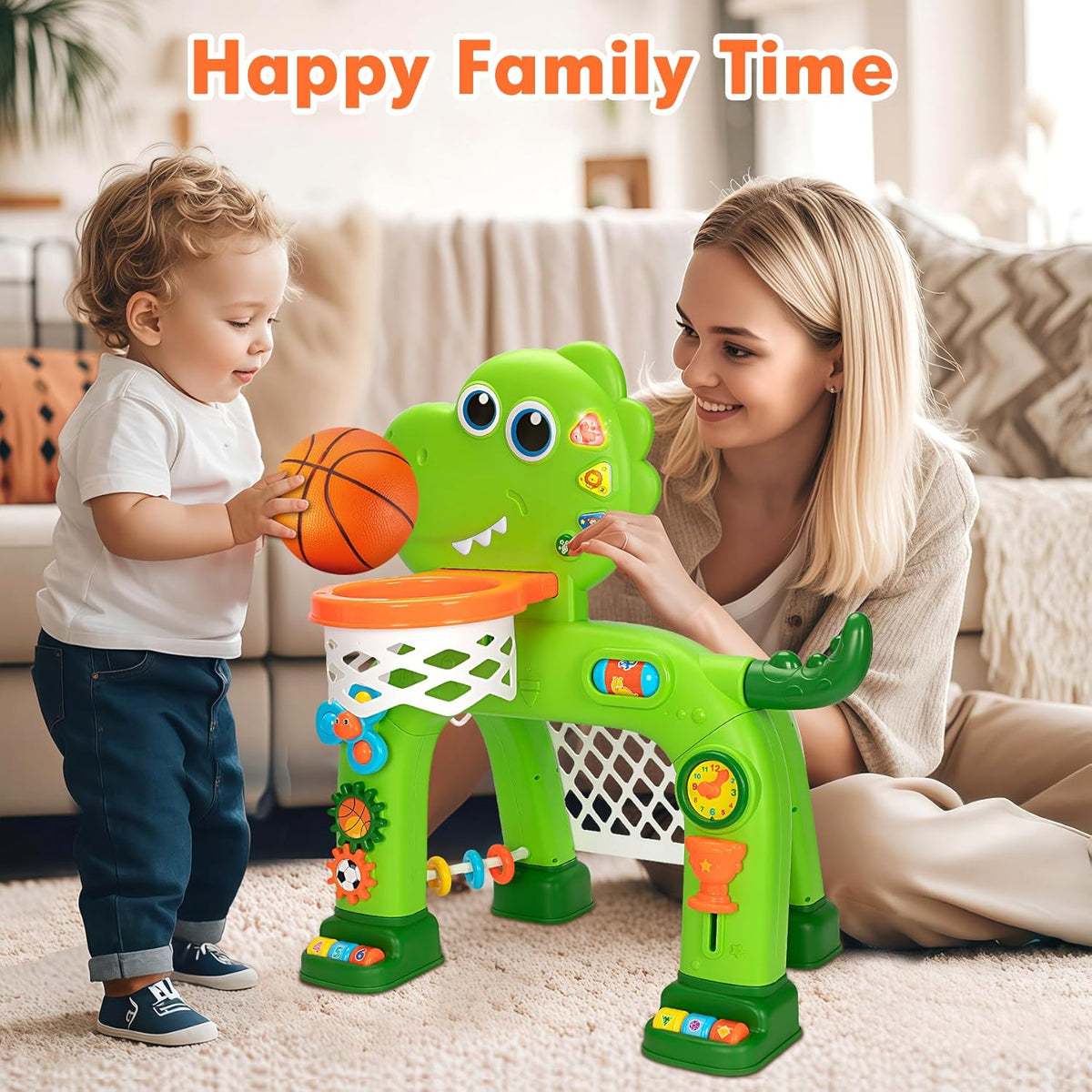 Green dinosaur basketball hoop soccer goal with orange rim and side activity dials
