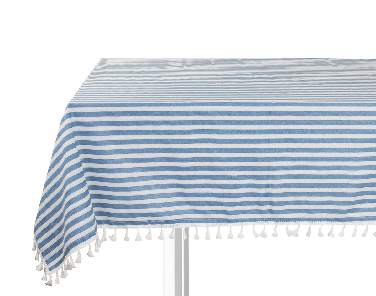 Cotton-blend tablecloth with blue-and-white horizontal stripes and white tassel fringe