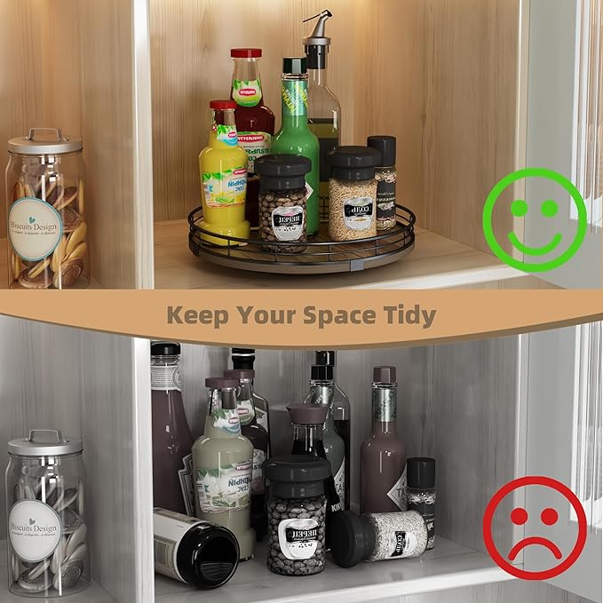 Acacia wood lazy susan turntable organizer in cabinet, storing kitchen bottles and jars