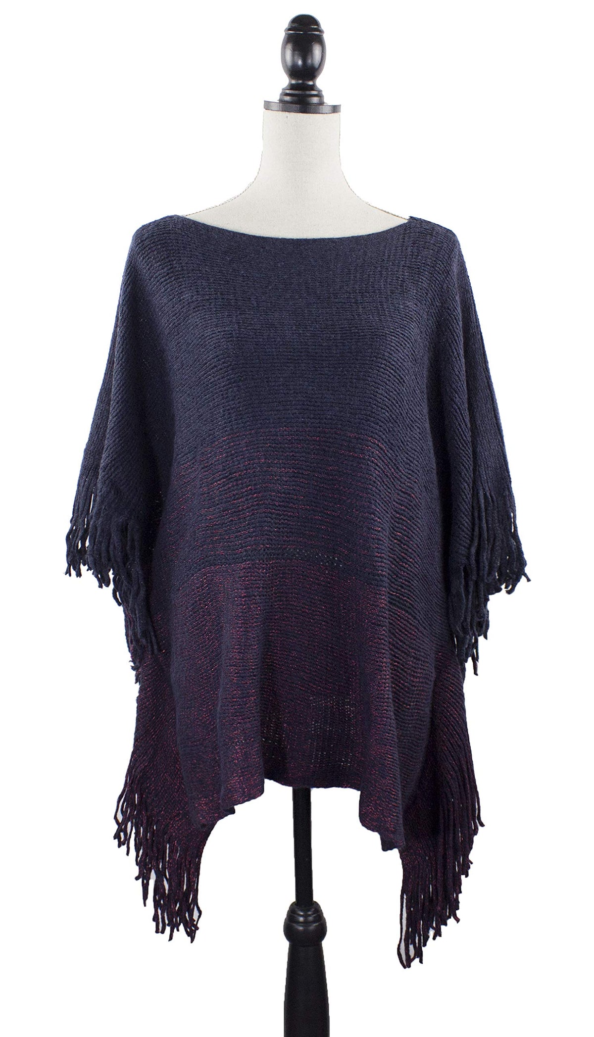 Two-tone knit poncho with fringe tassels on sleeves and hem, navy top with burgundy center