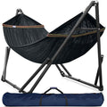 Black hammock on a metal stand with fabric ends and carrying bag