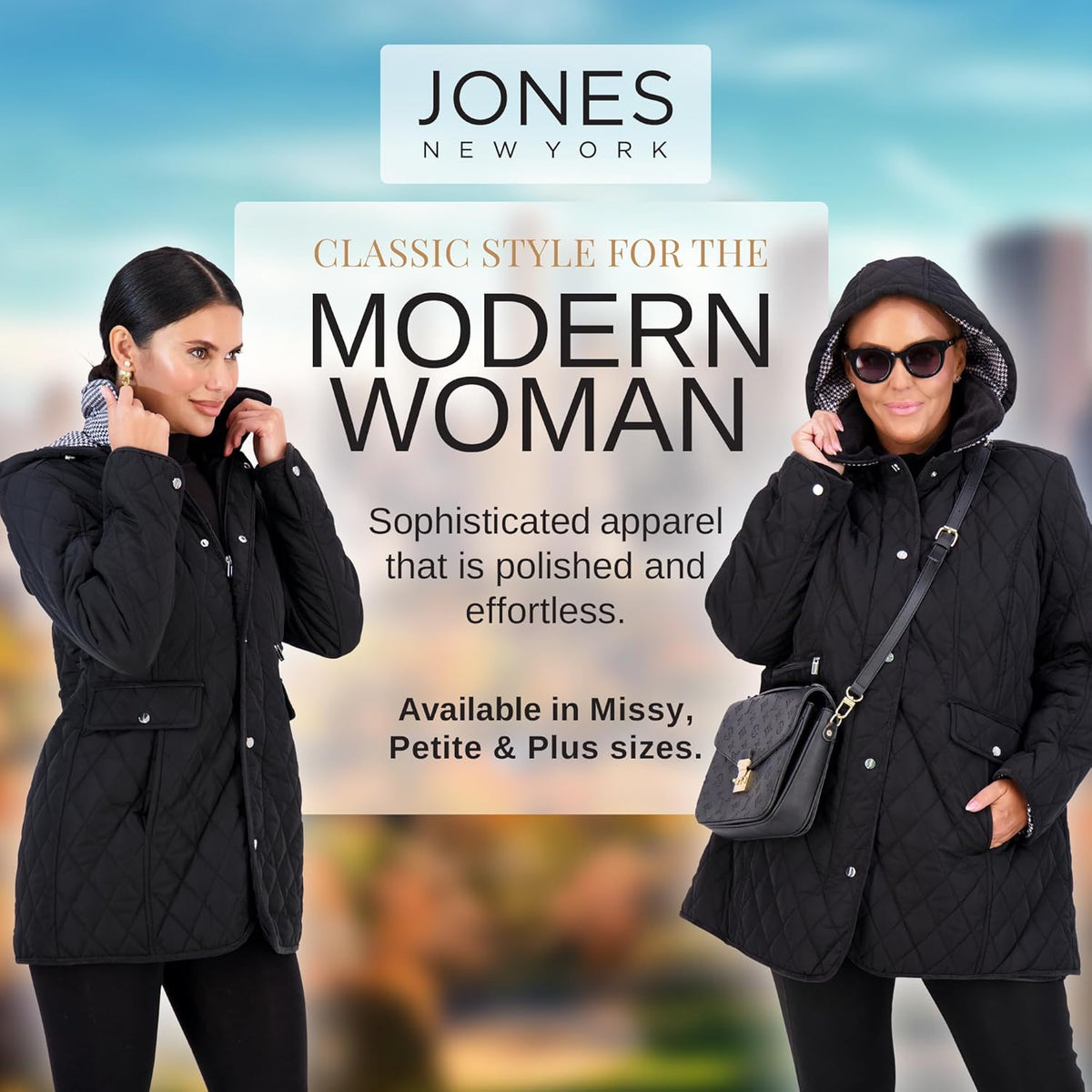 Black quilted hooded mid-length jacket with snap-button front and flap pockets
