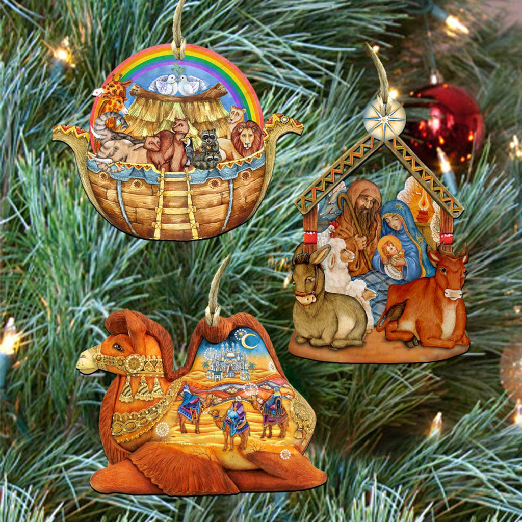 Set of 3 nativity wooden ornaments: stable scene, animals, and star roof detail