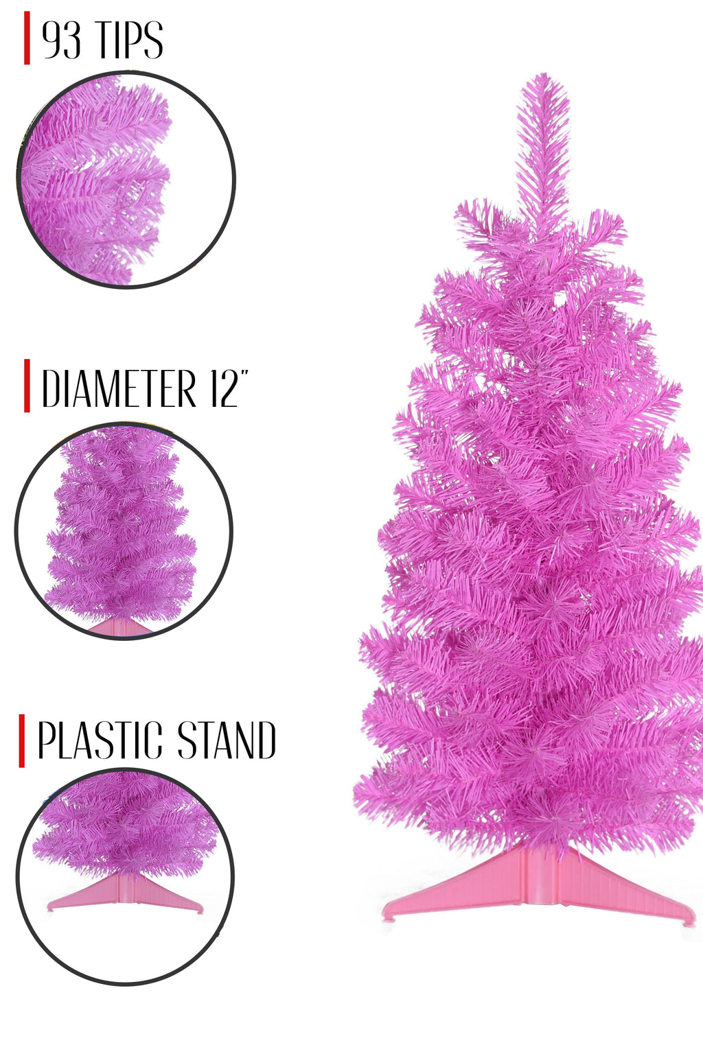 Pink tabletop Christmas tree on pink plastic stand with labeled size details