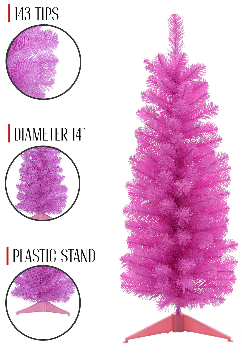 Pink tabletop Christmas tree with labeled tips, diameter, and stand diagram