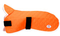 Orange dog cooling jacket laid flat with black strap closures and Derby logo patch