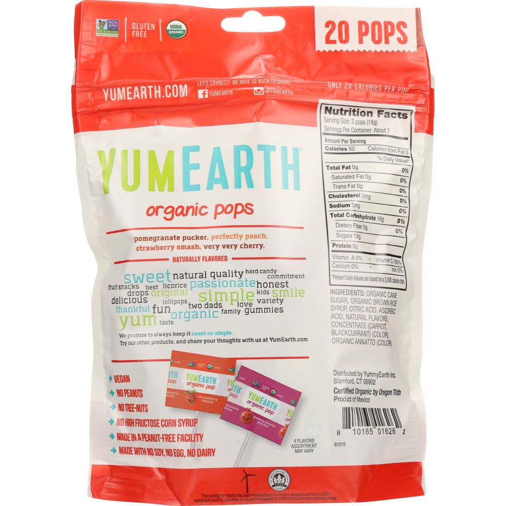 YUMEARTH ORGANICS organic pops pouch, back view with nutrition facts panel