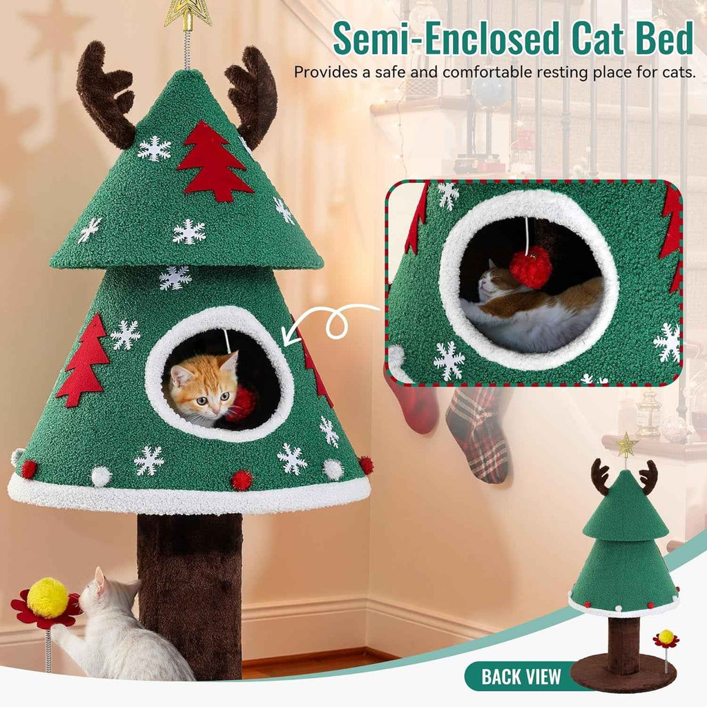 Green Christmas cat tree with a semi-enclosed cat bed, plush antlers and spring teaser toy
