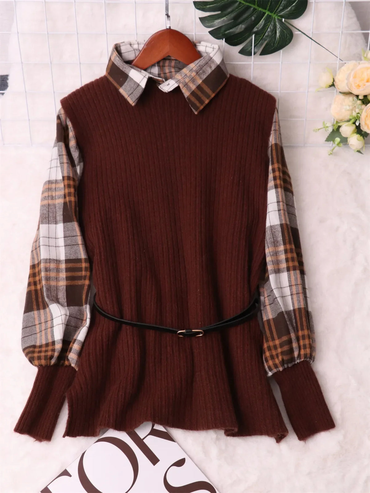 Burgundy ribbed knit sweater dress with plaid long sleeves and waist belt