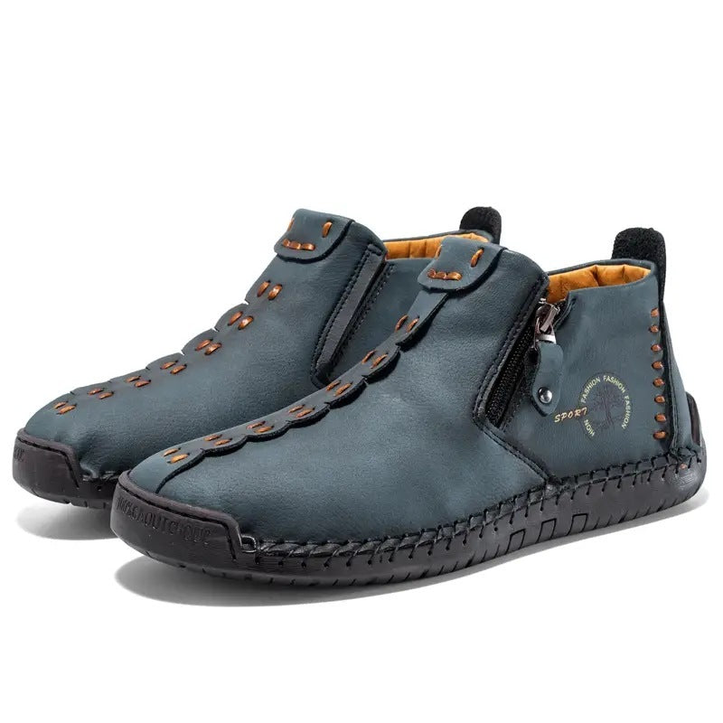 Dr Martens fleece-lined zipper ankle boots, blue leather with side zipper and stitching