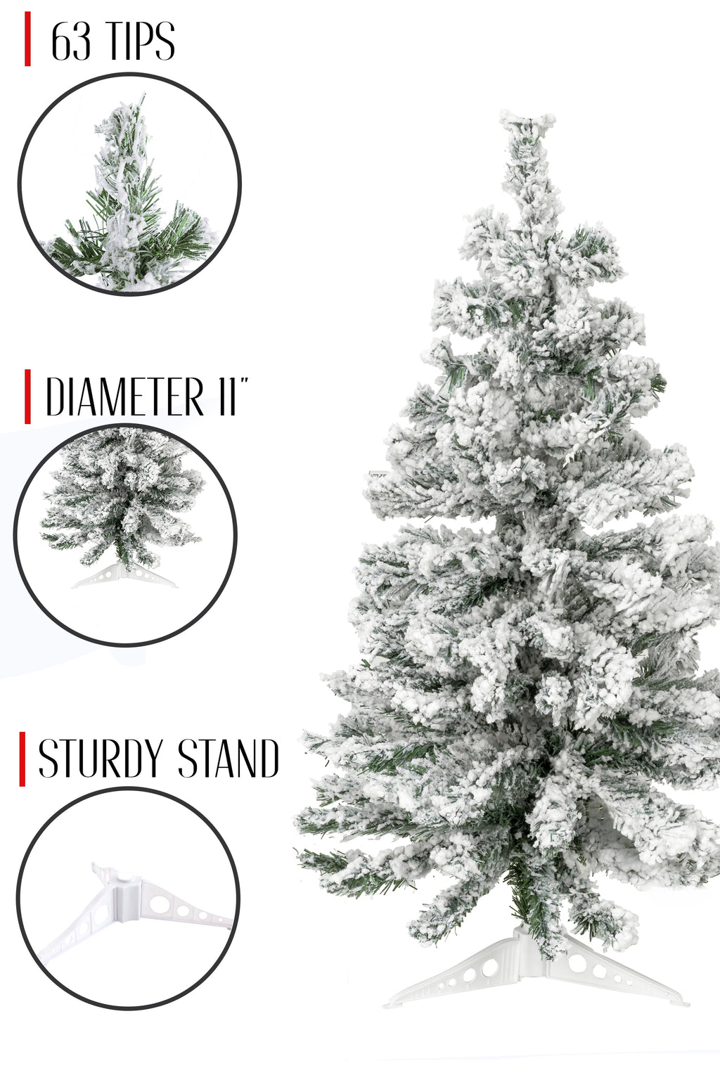 Snow-frosted tabletop tree with sturdy stand; 63 tips, 2-inch diameter