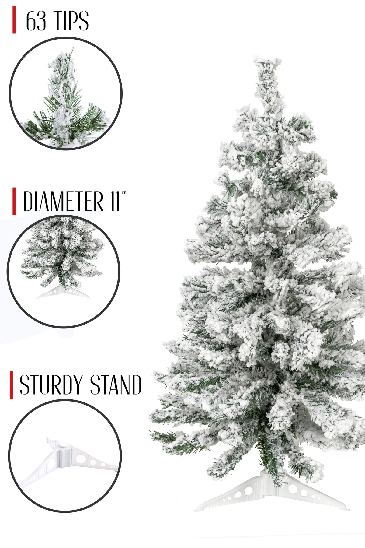 Snow-frosted tabletop tree with sturdy stand; 63 tips, 2-inch diameter