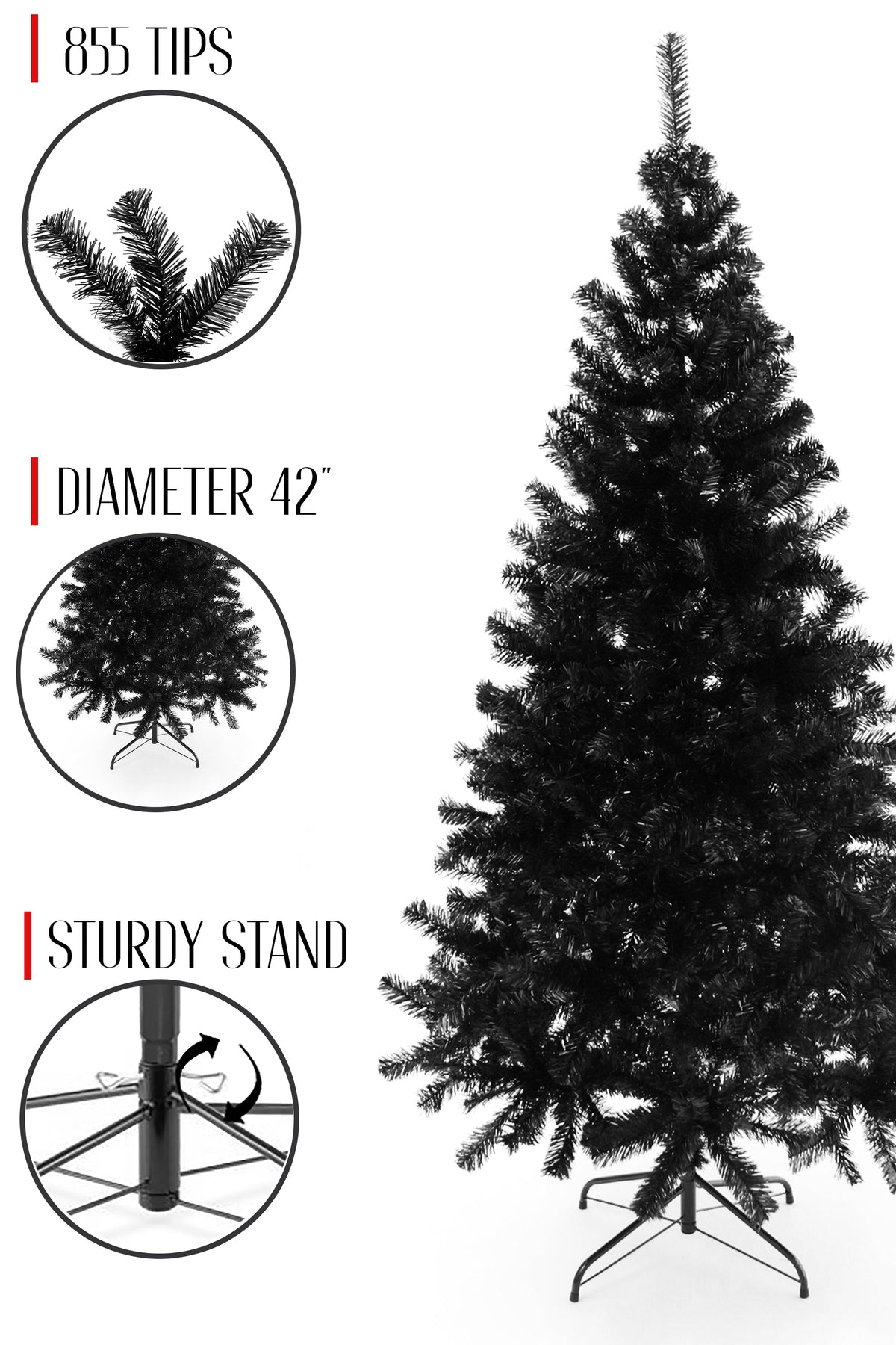 Black artificial pine Christmas tree, 42-inch diameter, sturdy stand