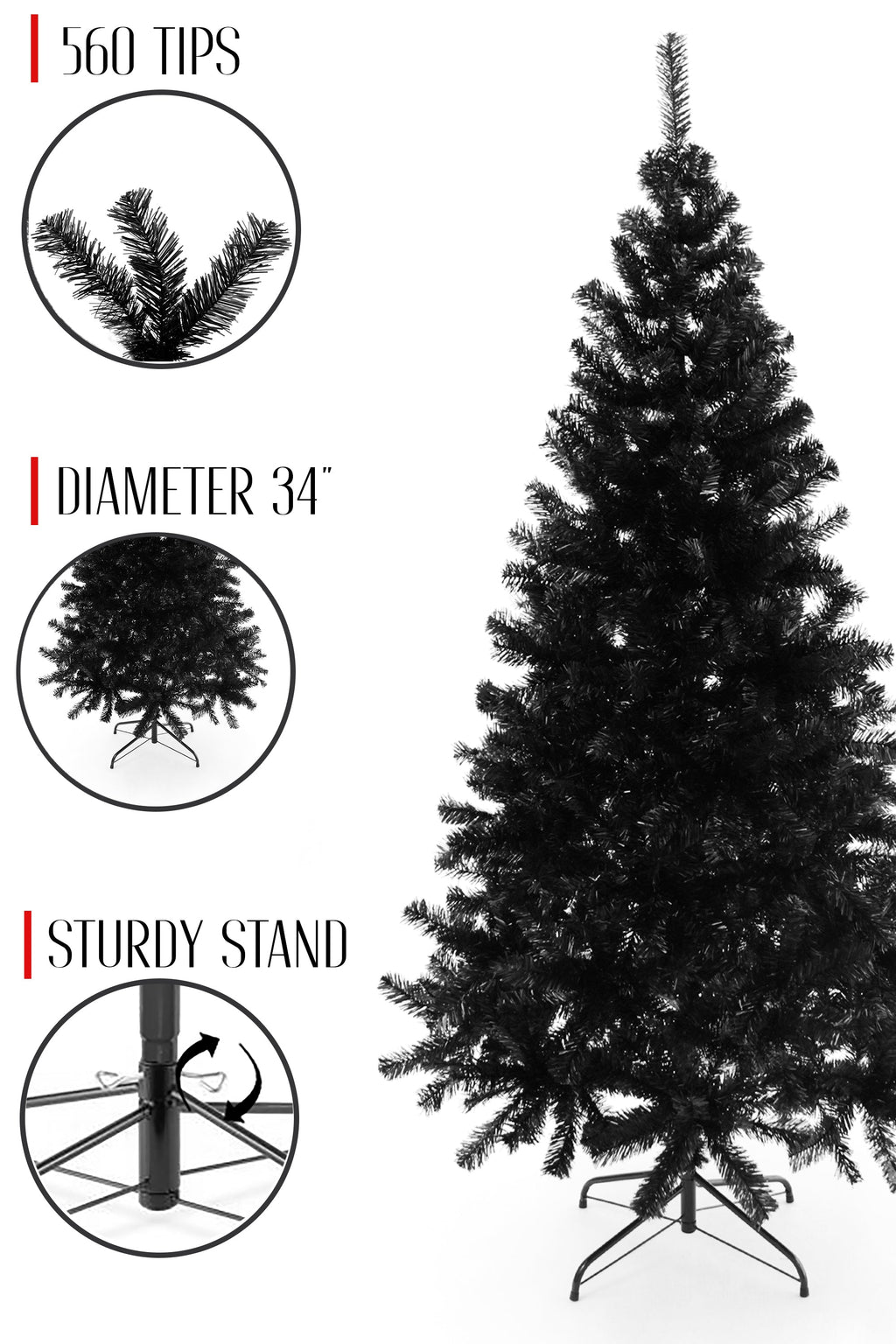 Black artificial pine Christmas tree, 34-inch diameter, sturdy stand