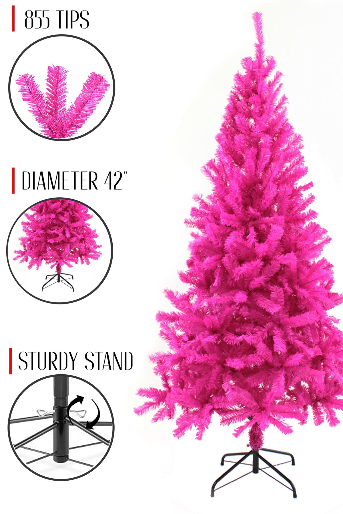 Pink artificial Christmas tree on sturdy stand base with diameter range icons