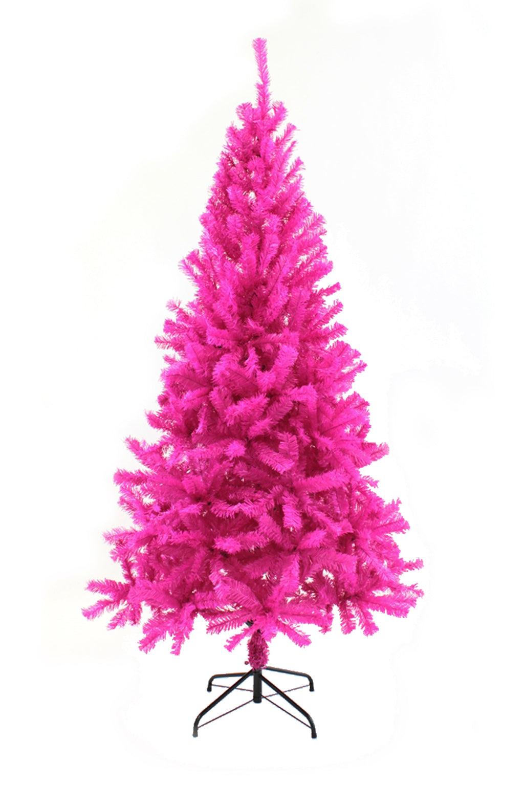 Pink artificial Christmas tree with upright silhouette on a black metal stand