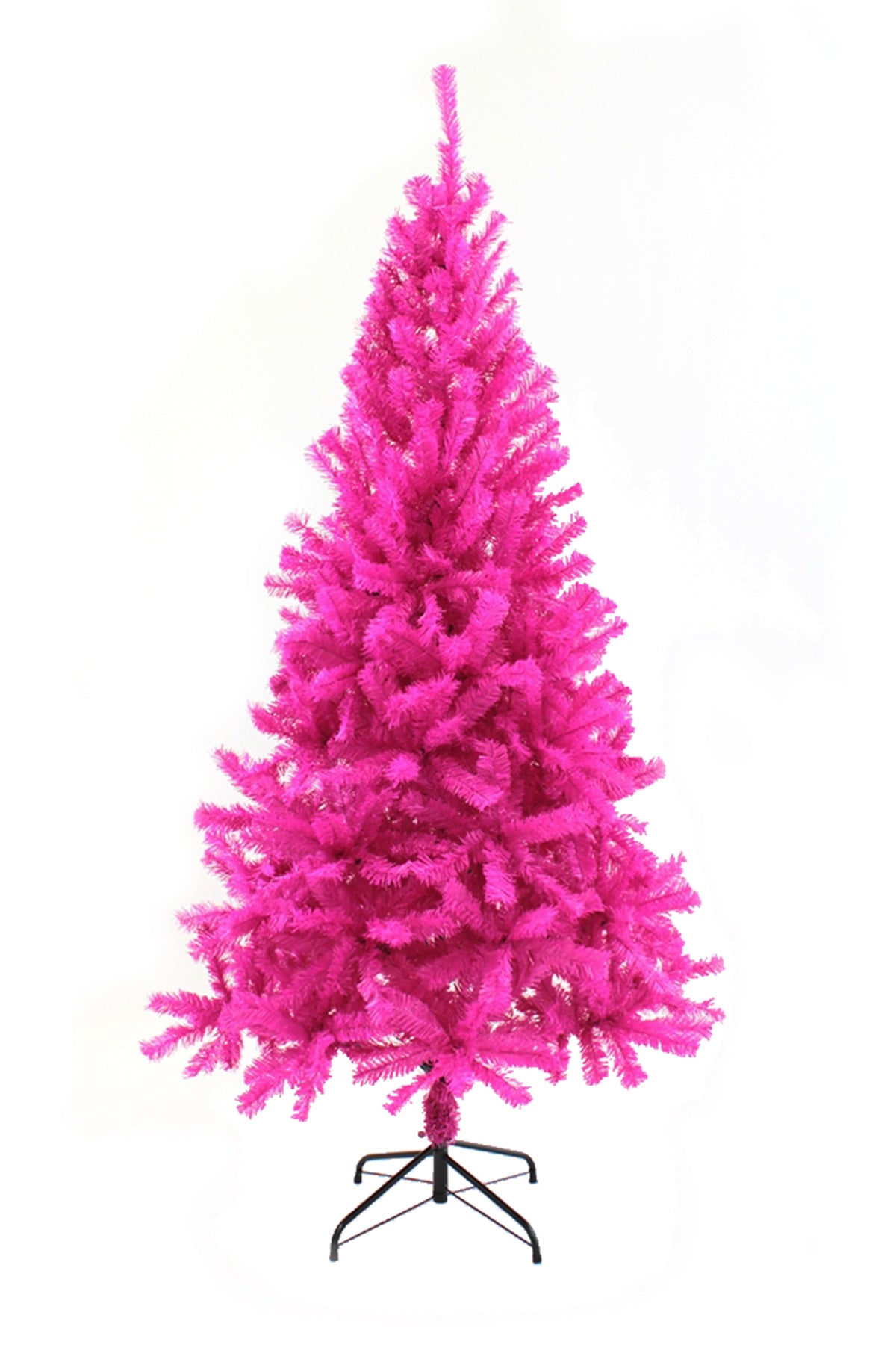 Pink artificial Christmas tree with upright silhouette on a black metal stand
