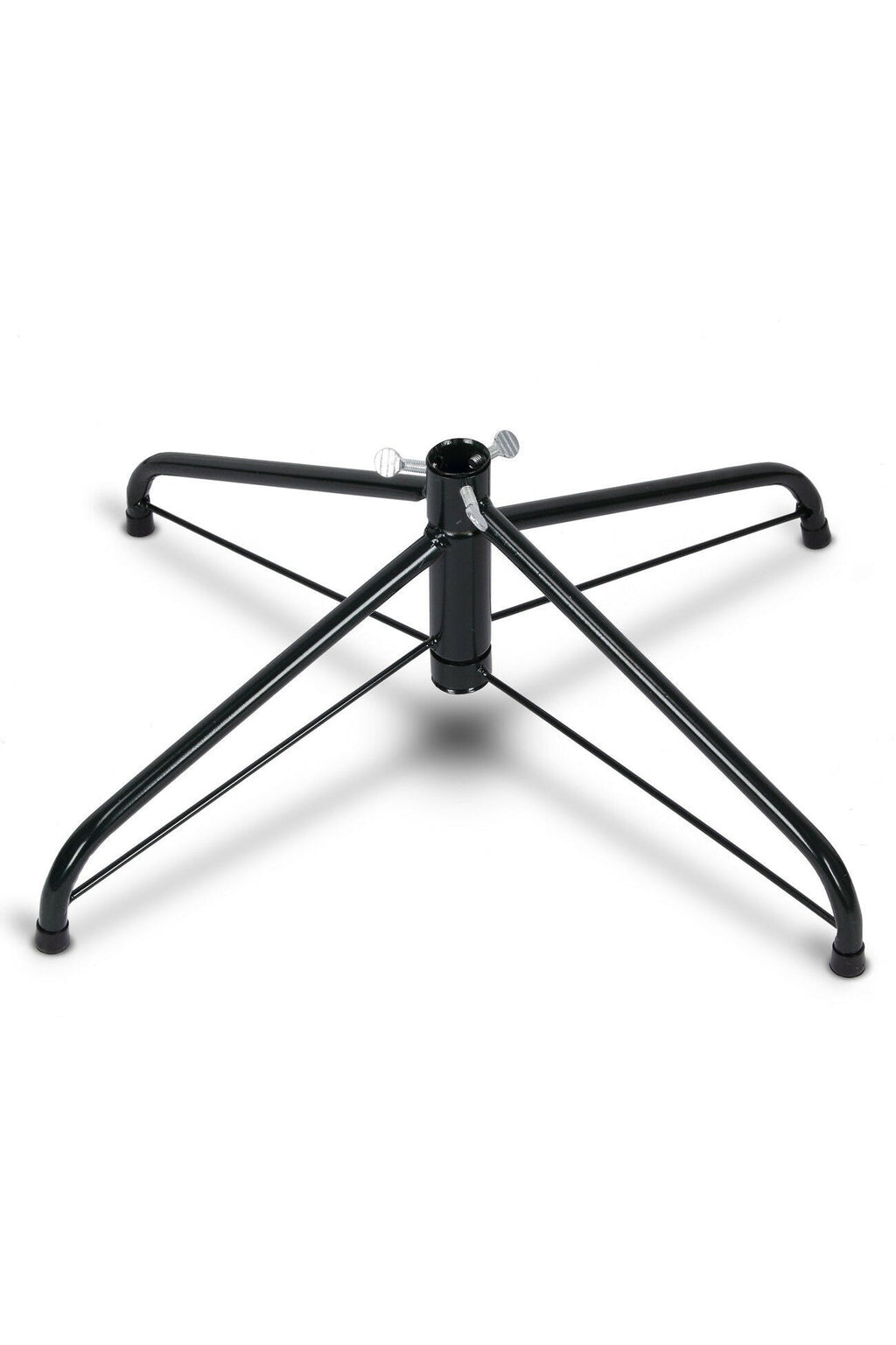 Black metal Christmas tree stand base with cross legs and central pole