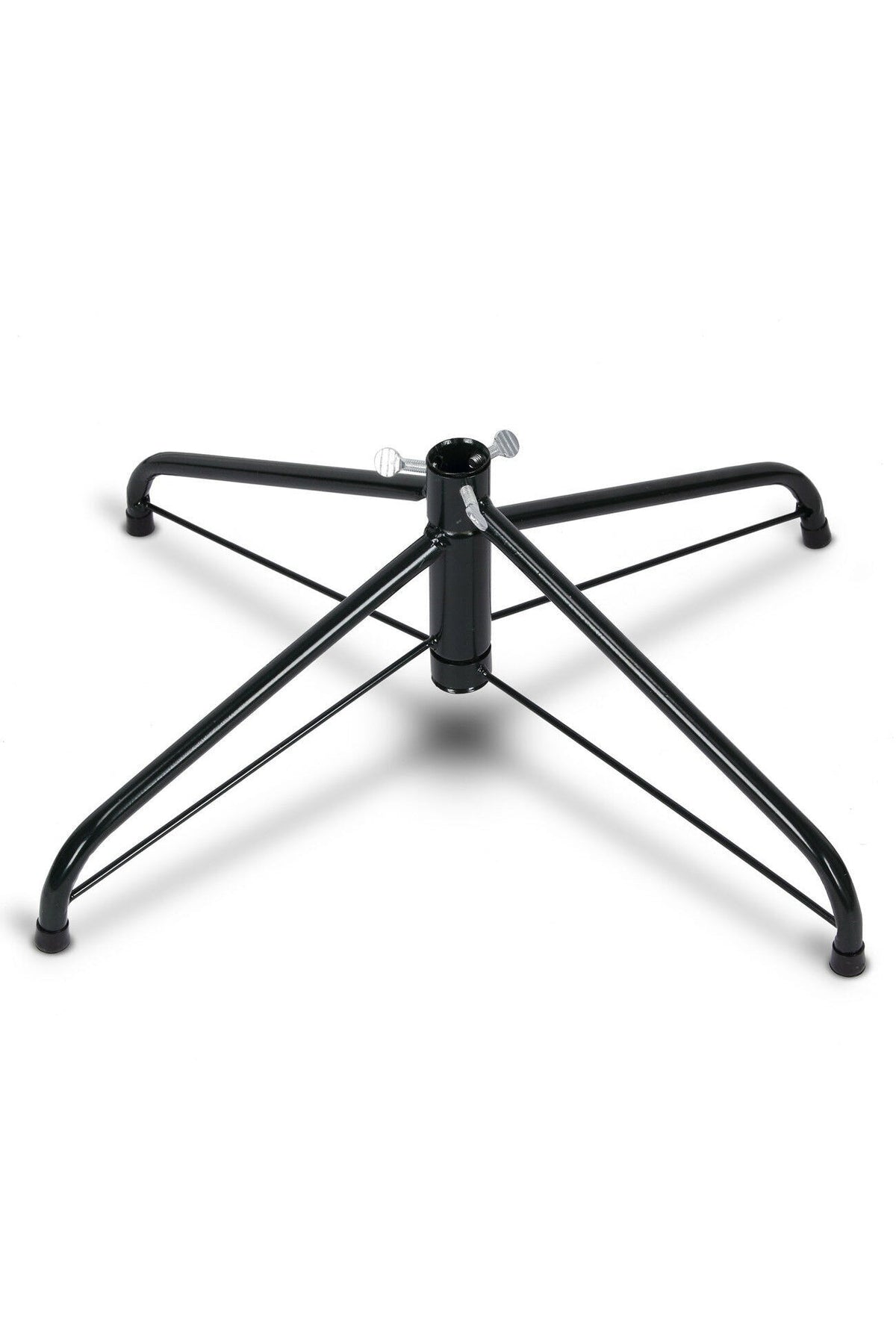Black metal Christmas tree stand base with cross legs and central pole