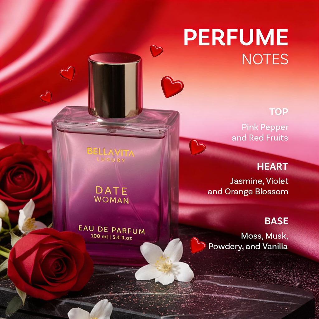 Date Woman eau de parfum bottle with rose accents and perfume notes labels