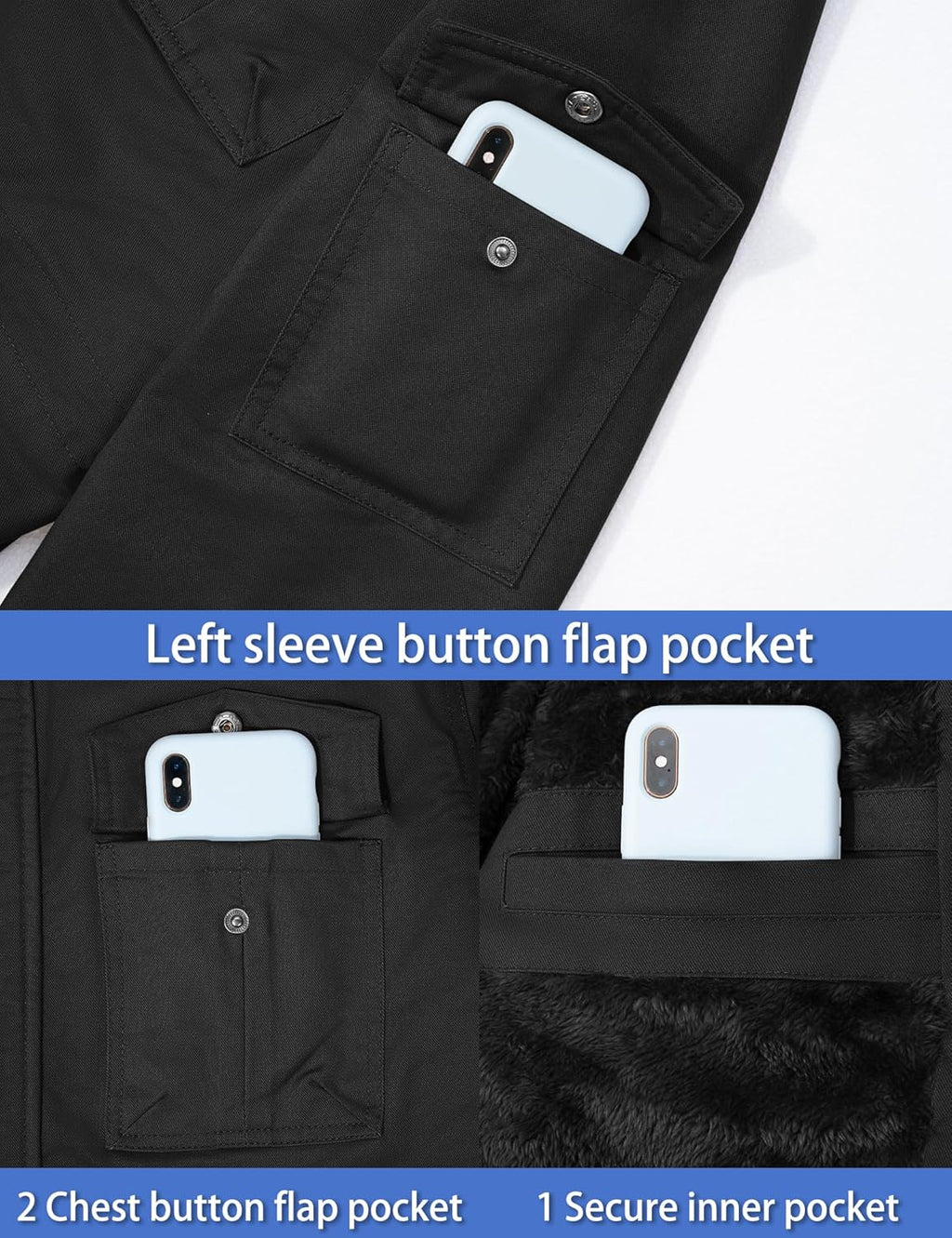 Black winter jacket with button flap chest pockets and secure inner pocket