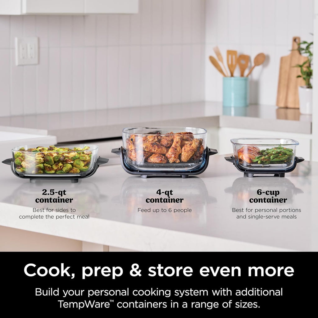 Set of TempWare glass containers, including 6-cup size with snap-lock lid and black base