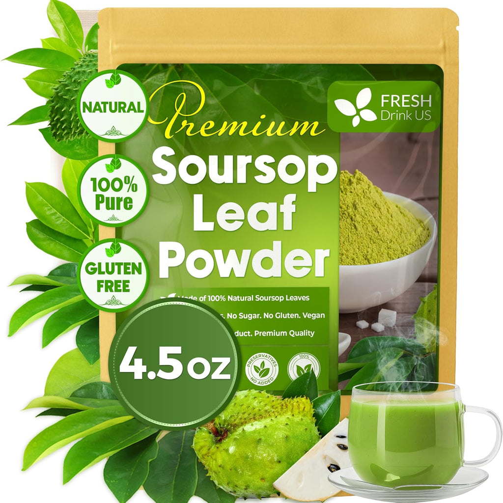 Soursop leaf powder pouch, 4.5 oz with bowl of powder and green tea cup