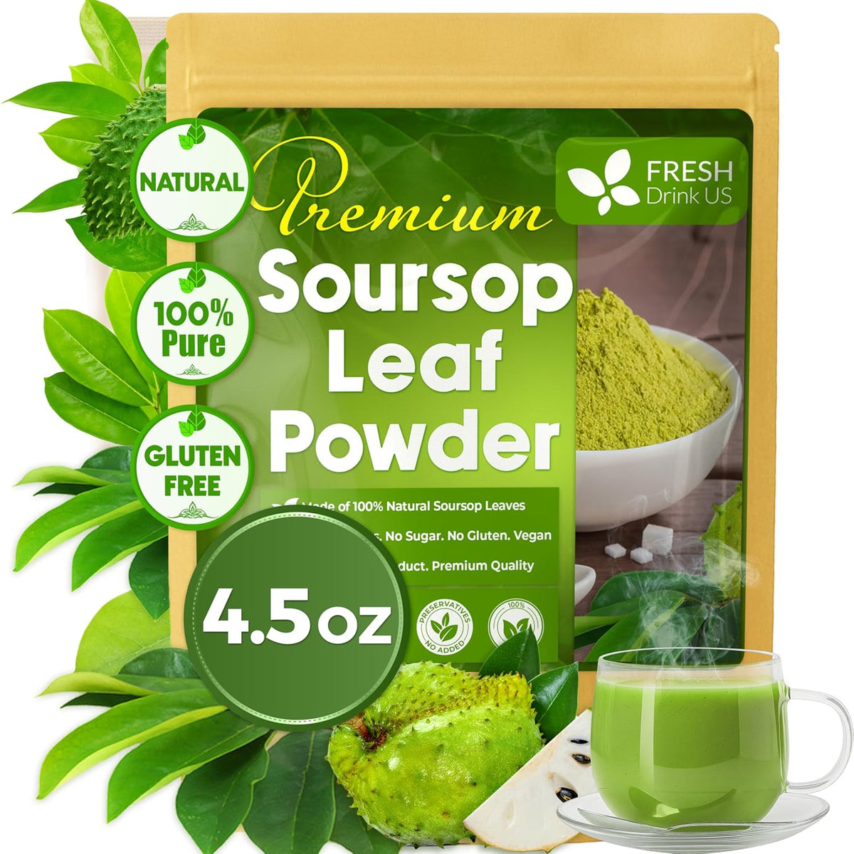 Soursop leaf powder pouch, 4.5 oz with bowl of powder and green tea cup