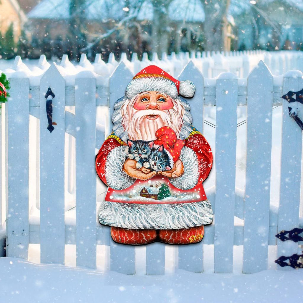 Winter Santa holding a kitten Christmas door decor with red hat and white fur trim