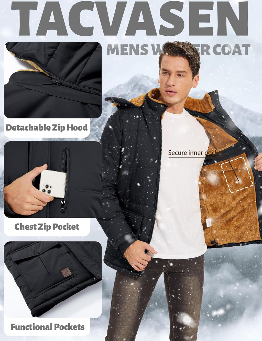 Men’s black winter coat with detachable zip hood, chest zip pocket, and utility pockets