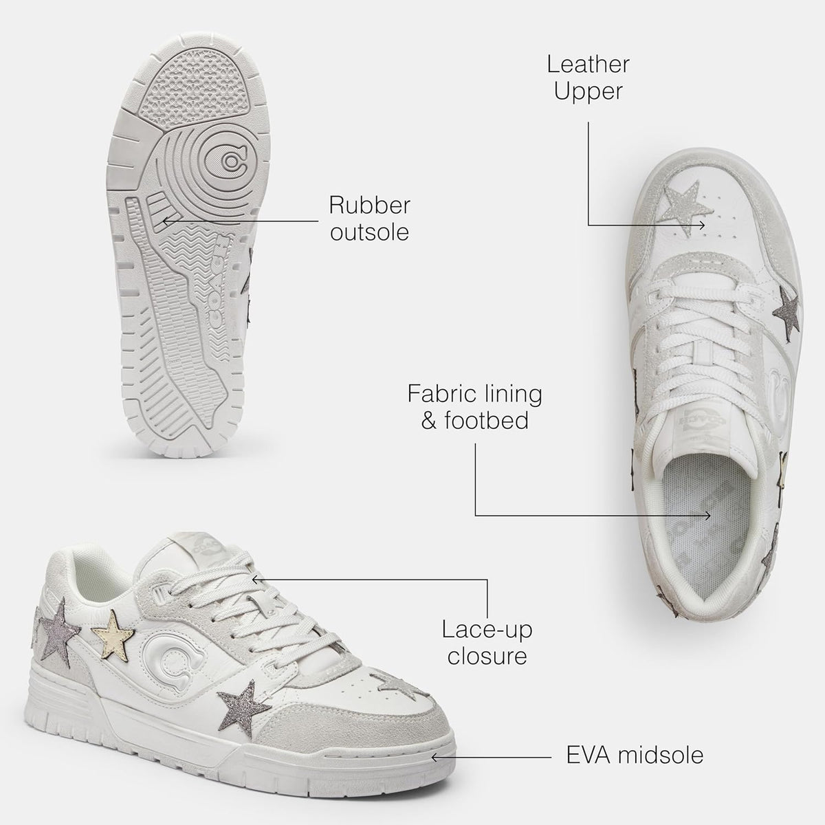 Coach women's Soho star sneakers, lace-up low top with rubber outsole and EVA midsole