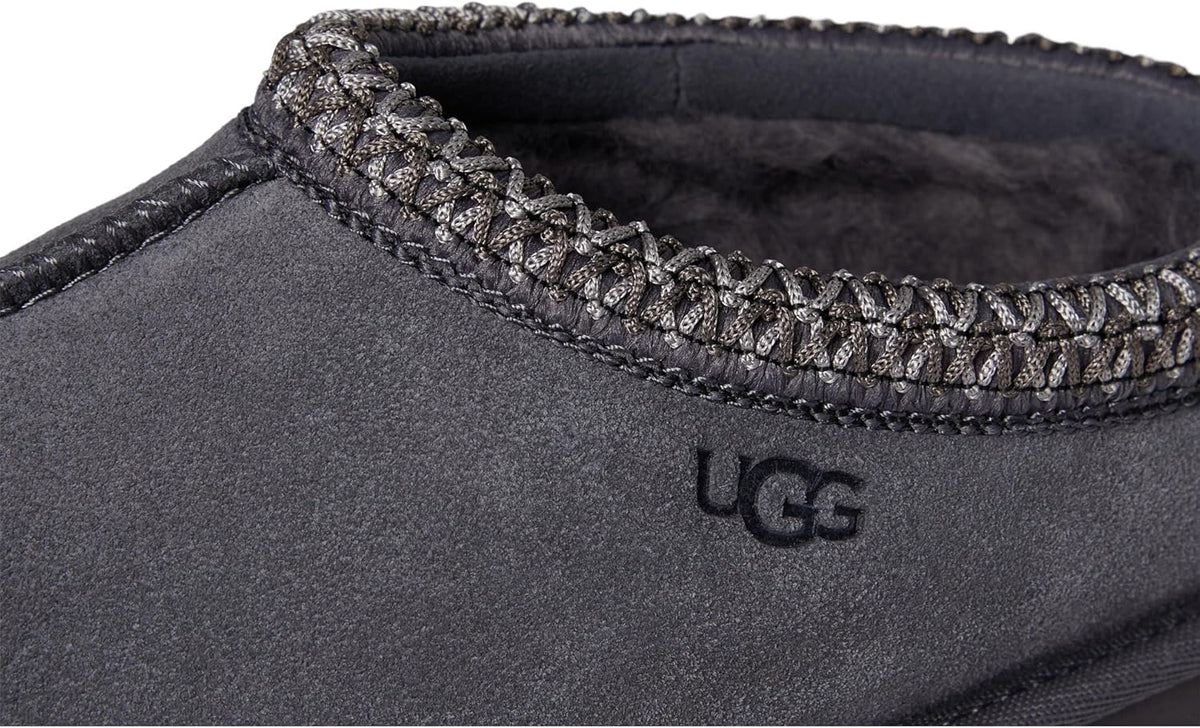 Kids' UGG Tasman II slipper close-up, woven collar edge and dark suede upper