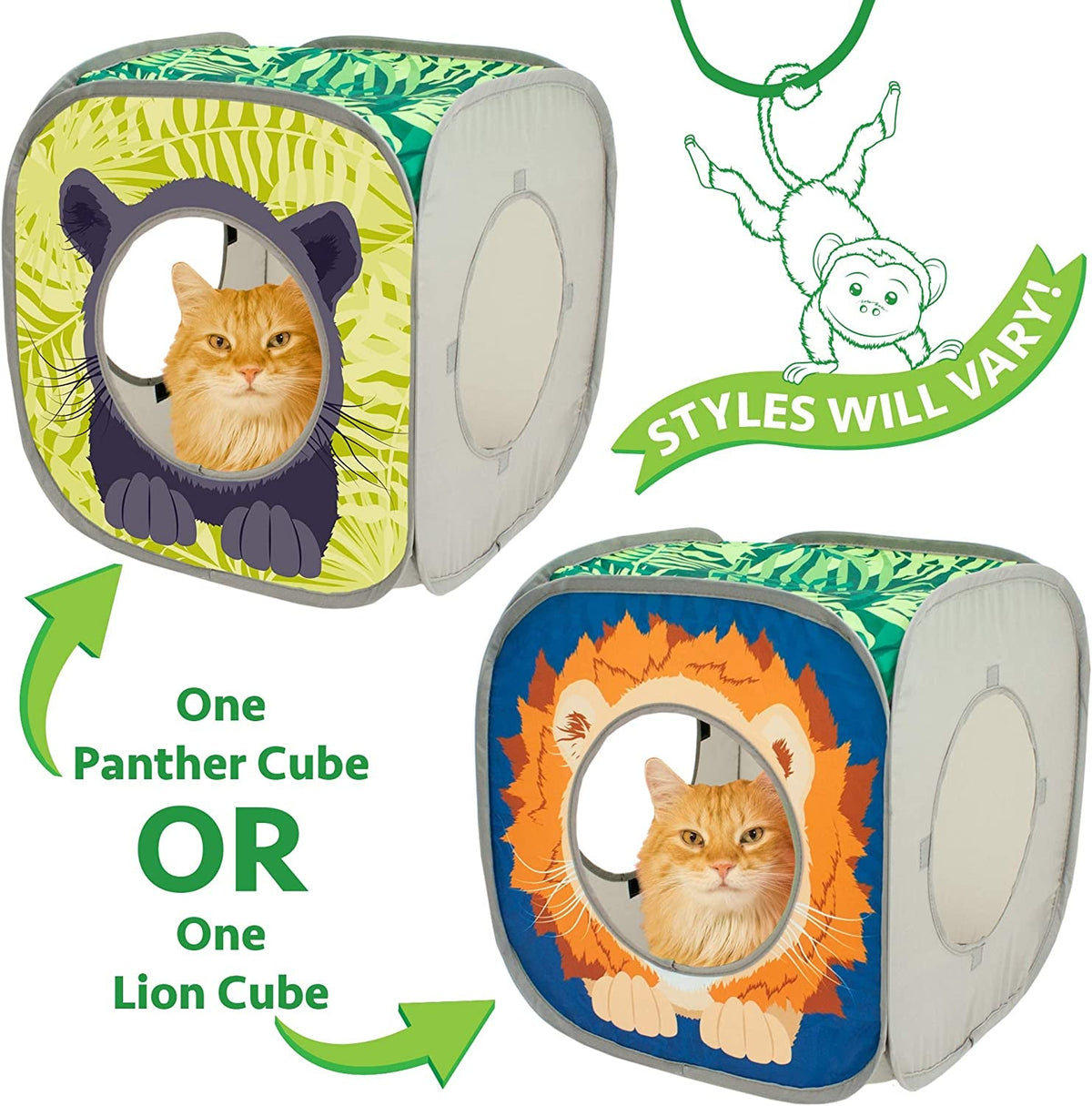Collapsible cat cube shown in panther and lion print styles