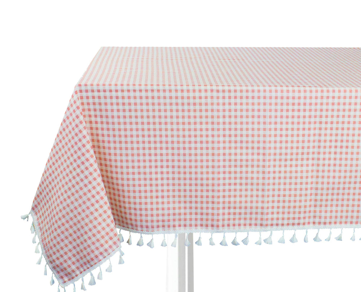 Pink and white gingham cotton-blend tablecloth with tassel fringe edge, 55x55 in