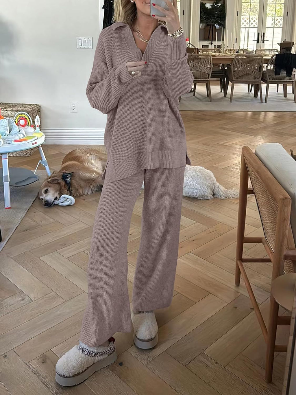 Taupe waffle knit matching sweater and wide-leg pants lounge set with drawstring waist