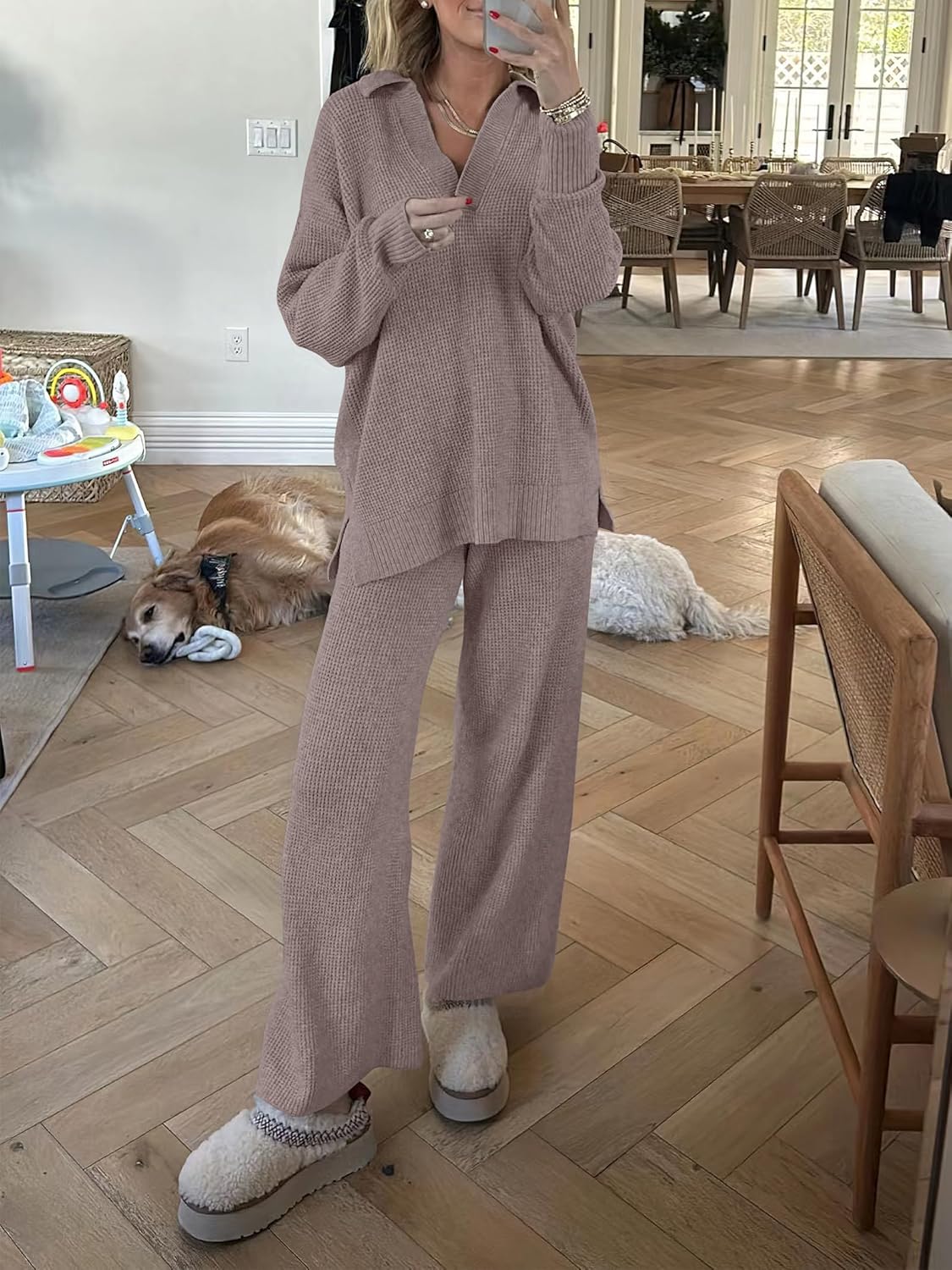 Taupe waffle knit matching sweater and wide-leg pants lounge set with drawstring waist