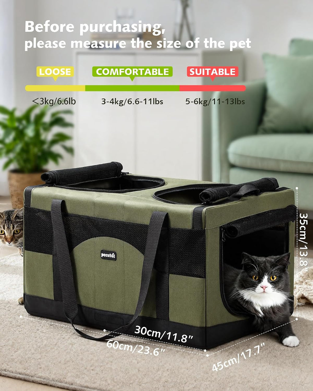 Green double-compartment pet carrier with mesh sides and two top openings