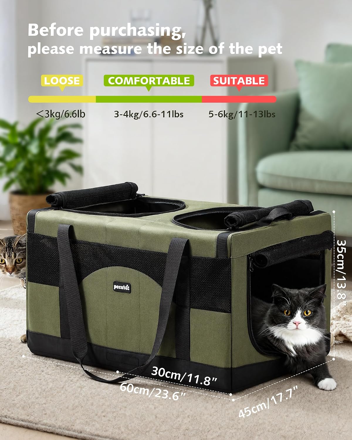 Green double-compartment pet carrier with mesh sides and two top openings