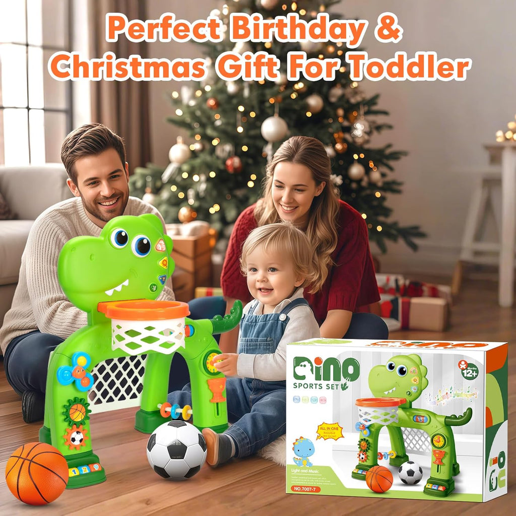 Green dinosaur basketball hoop with soccer ball and orange rim, gift-ready set box