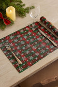 Set of 4 red and green tartan plaid placemats with white snowflake print